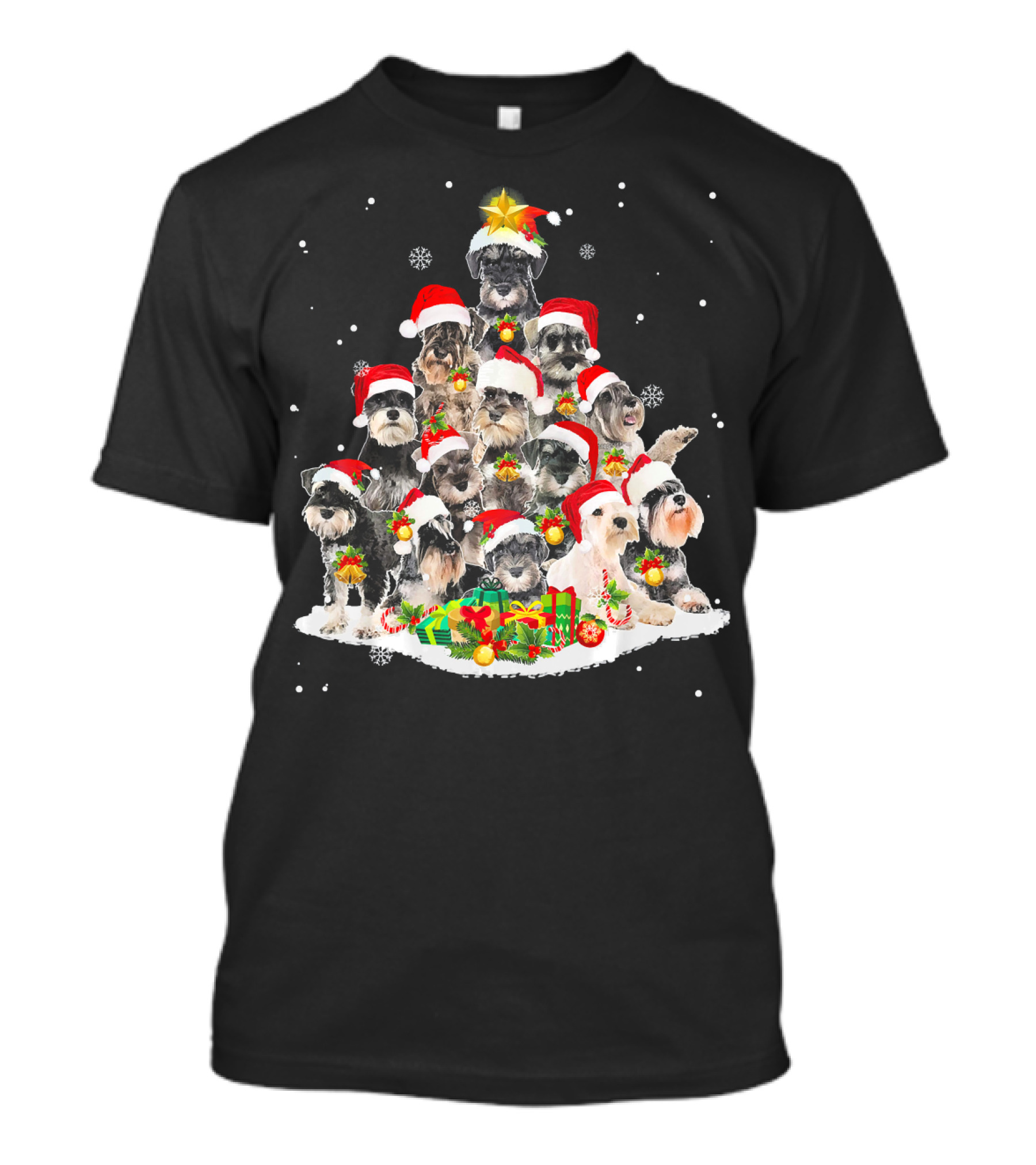 Schnauzer Santa Hats Christmas Tree With Gifts And Snowflakes T-Shirt