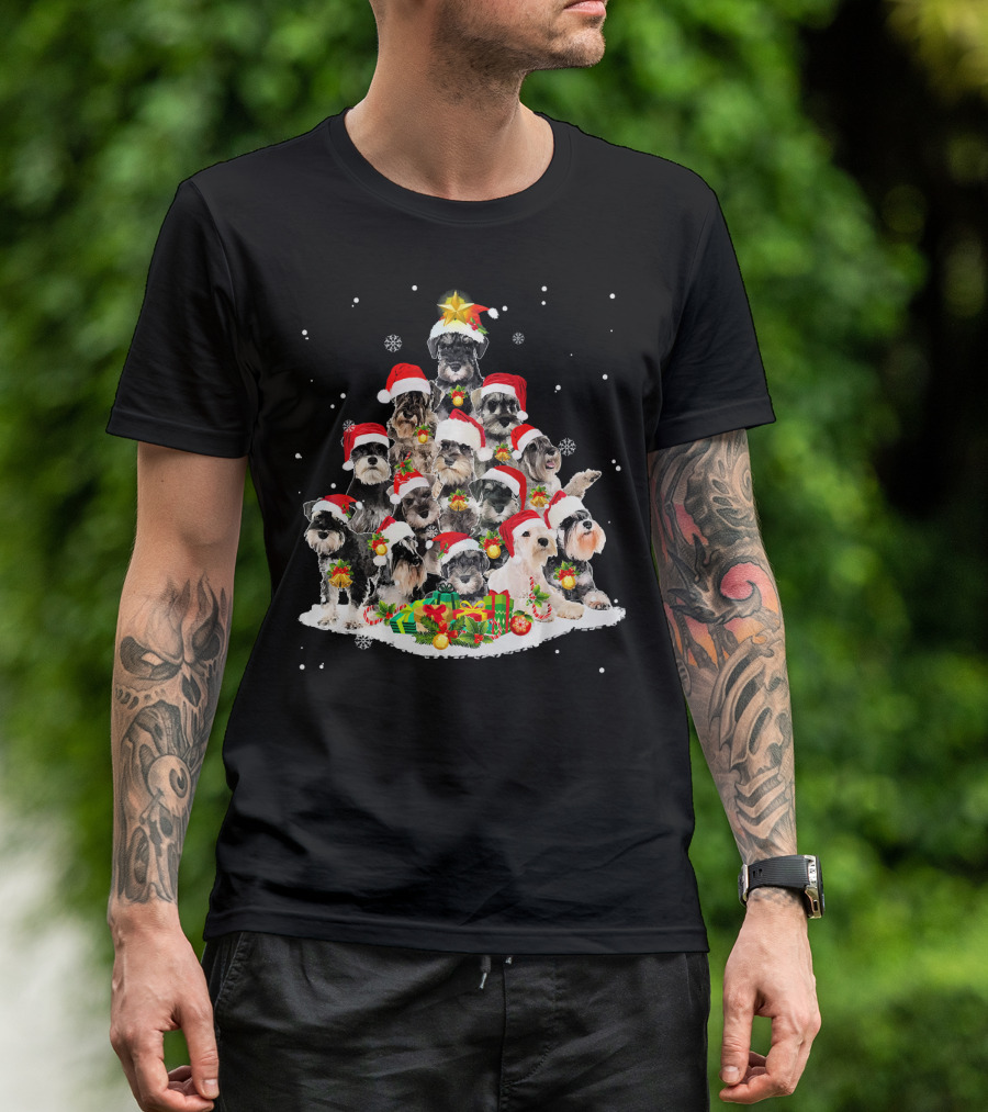 Schnauzer Santa Hats Christmas Tree With Gifts And Snowflakes T-Shirt