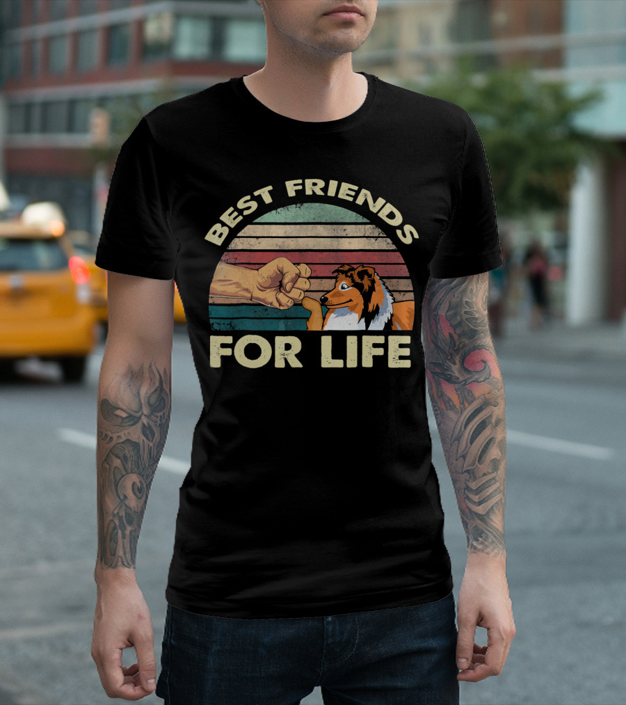 Best Friends for Life Vintage Shetland Sheepdog and Fist Bump Retro Stripes T-Shirt