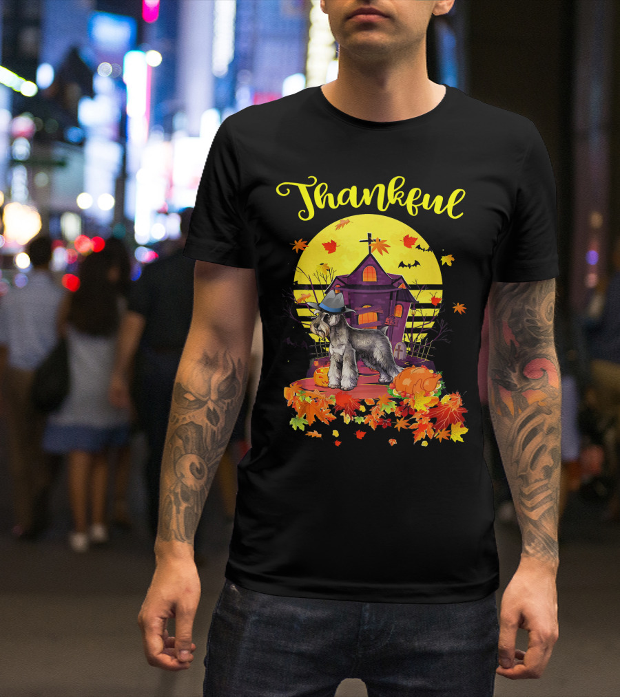 Thankful Miniature Schnauzer Dog With Hat In Autumn Scene T-Shirt