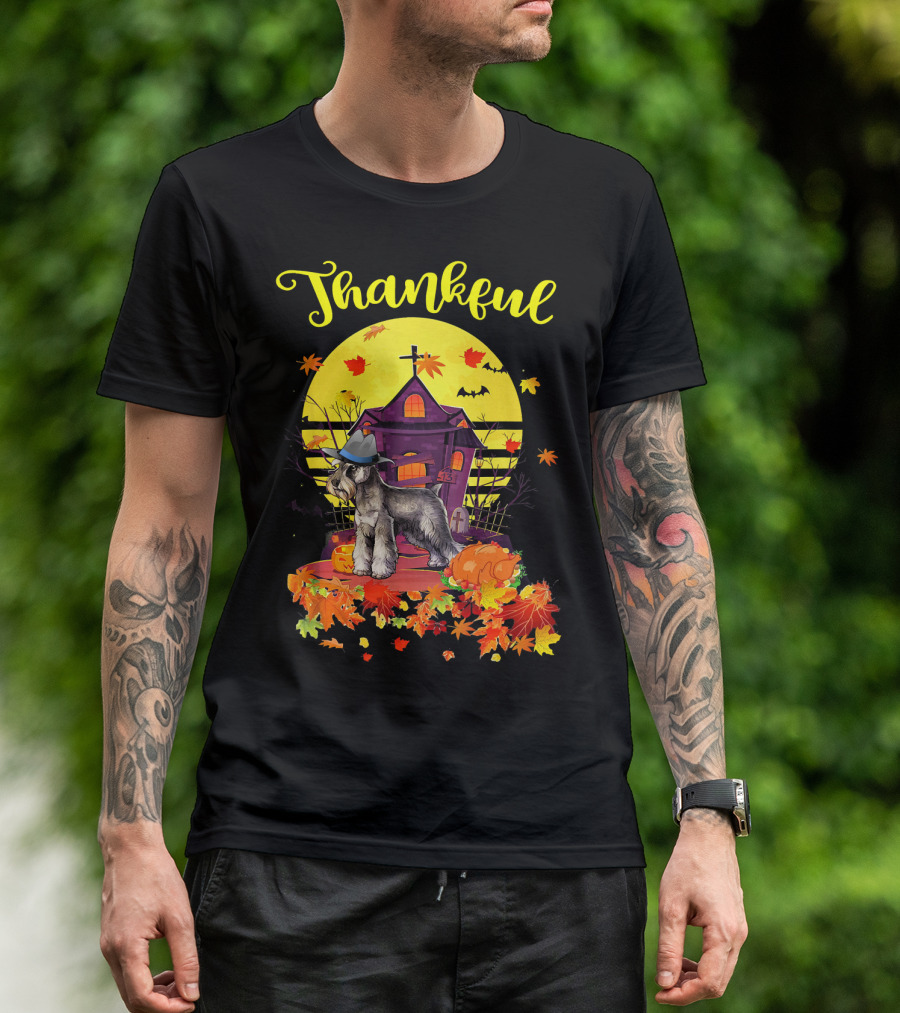 Thankful Miniature Schnauzer Dog With Hat In Autumn Scene T-Shirt
