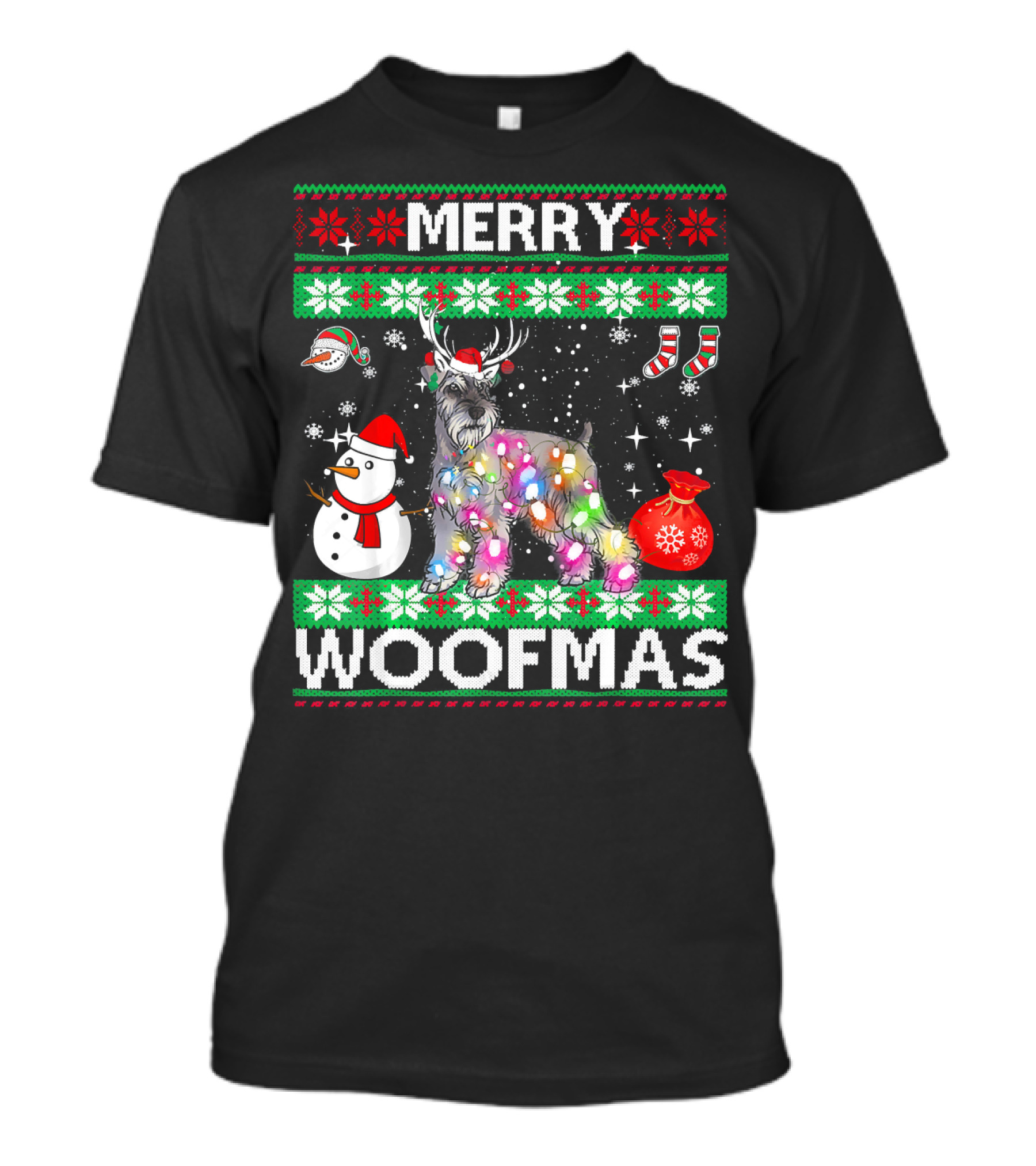 Miniature Schnauzer Merry Woofmas Snowman Lights Reindeer Antlers Christmas Socks Bag T-Shirt