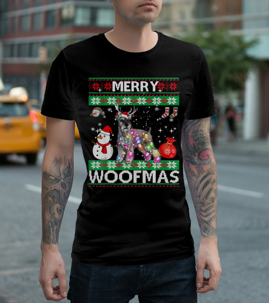 Miniature Schnauzer Merry Woofmas Snowman Lights Reindeer Antlers Christmas Socks Bag T-Shirt