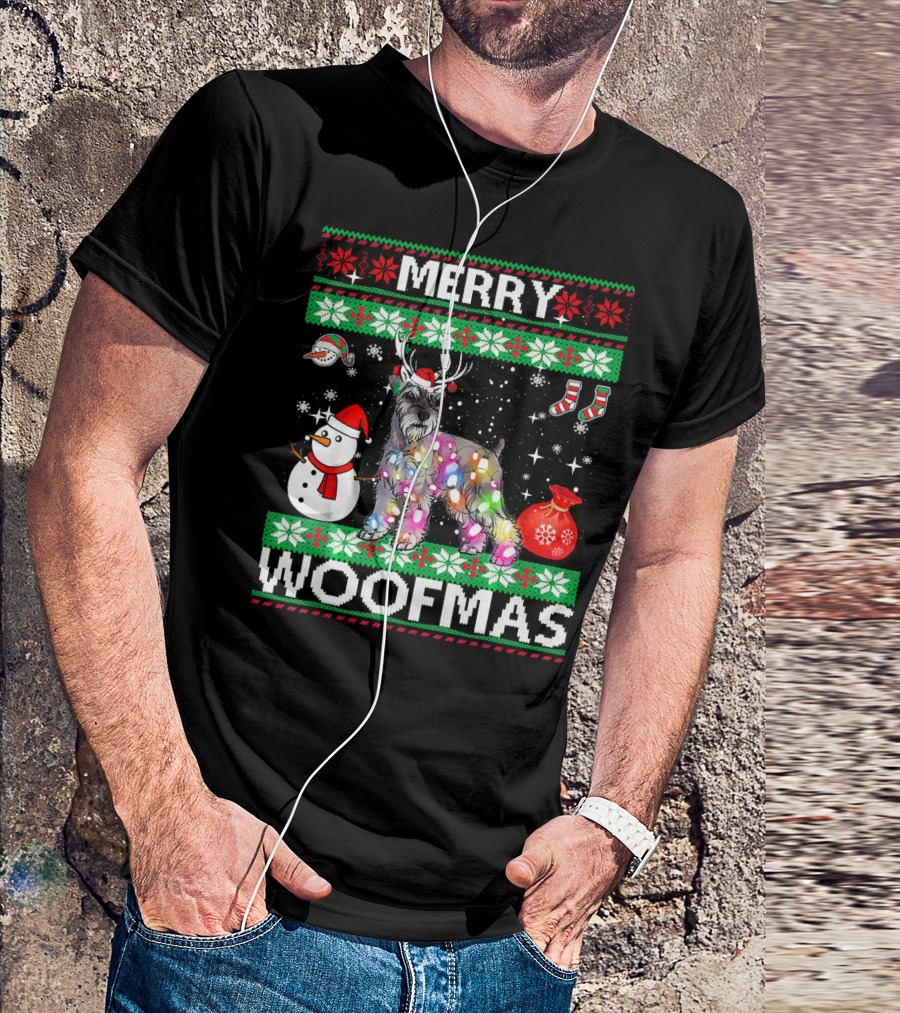 Miniature Schnauzer Merry Woofmas Snowman Lights Reindeer Antlers Christmas Socks Bag T-Shirt