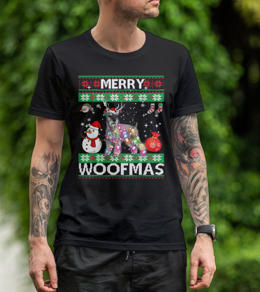 Miniature Schnauzer Merry Woofmas Snowman Lights Reindeer Antlers Christmas Socks Bag T-Shirt