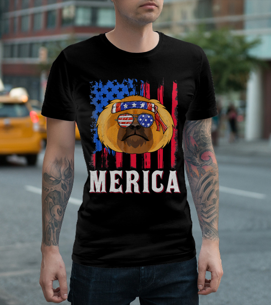 Merica Pekingese Red White Blue American Flag Sunglasses T-Shirt