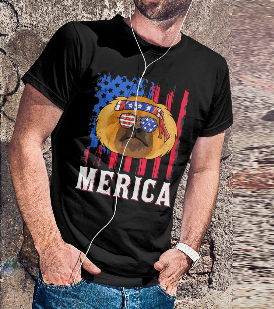 Merica Pekingese Red White Blue American Flag Sunglasses T-Shirt