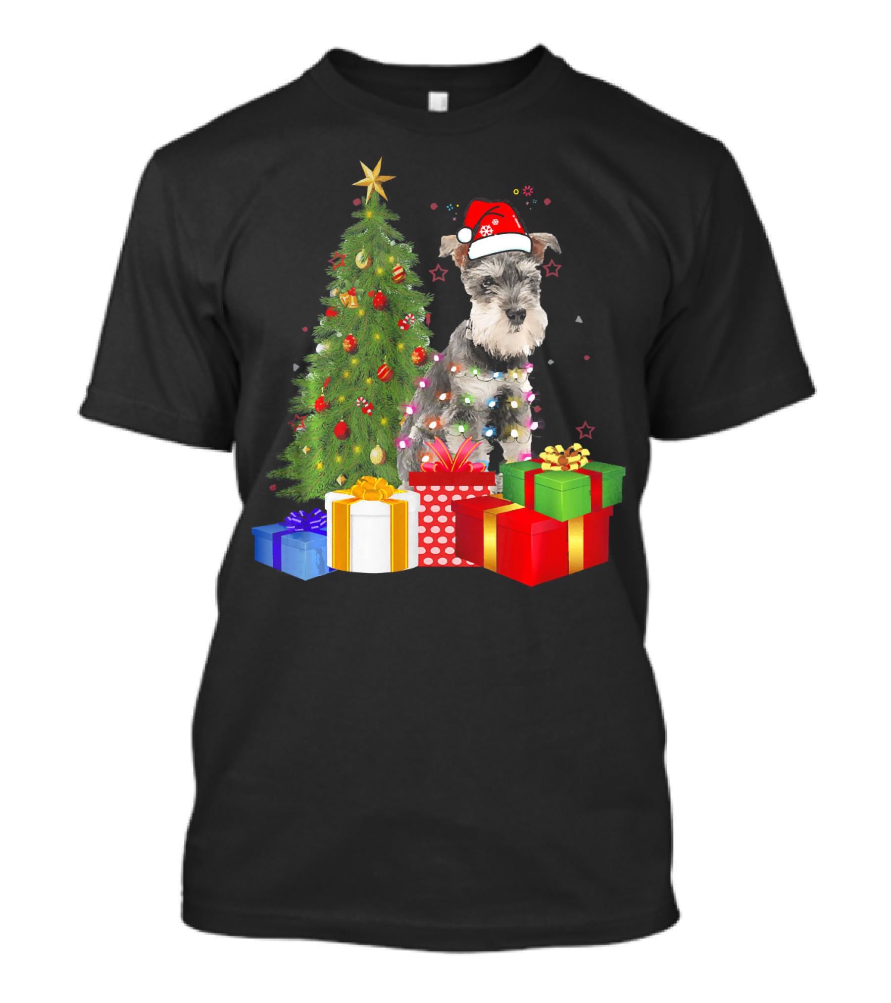 Santa Miniature Schnauzer With Christmas Tree And Presents T-Shirt