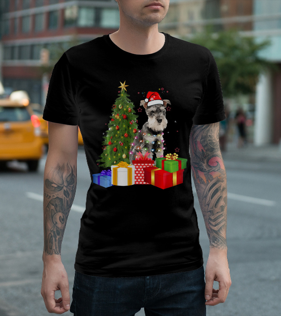 Santa Miniature Schnauzer With Christmas Tree And Presents T-Shirt