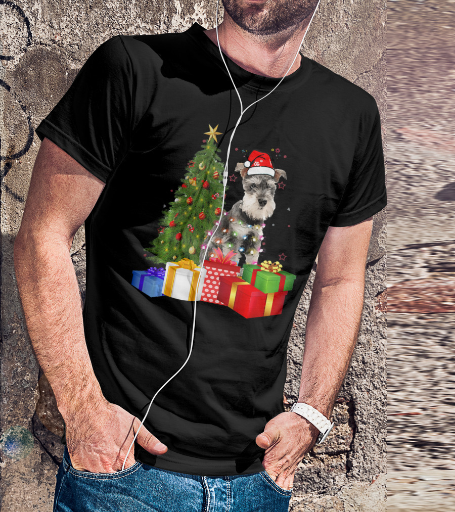 Santa Miniature Schnauzer With Christmas Tree And Presents T-Shirt