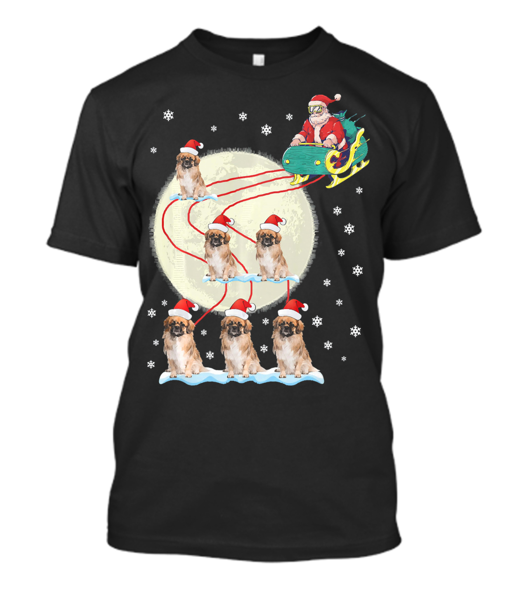 Pekingese Dogs Santa Reindeer Christmas Moon Snowflakes T-Shirt