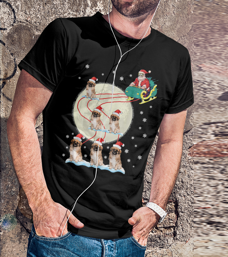 Pekingese Dogs Santa Reindeer Christmas Moon Snowflakes T-Shirt