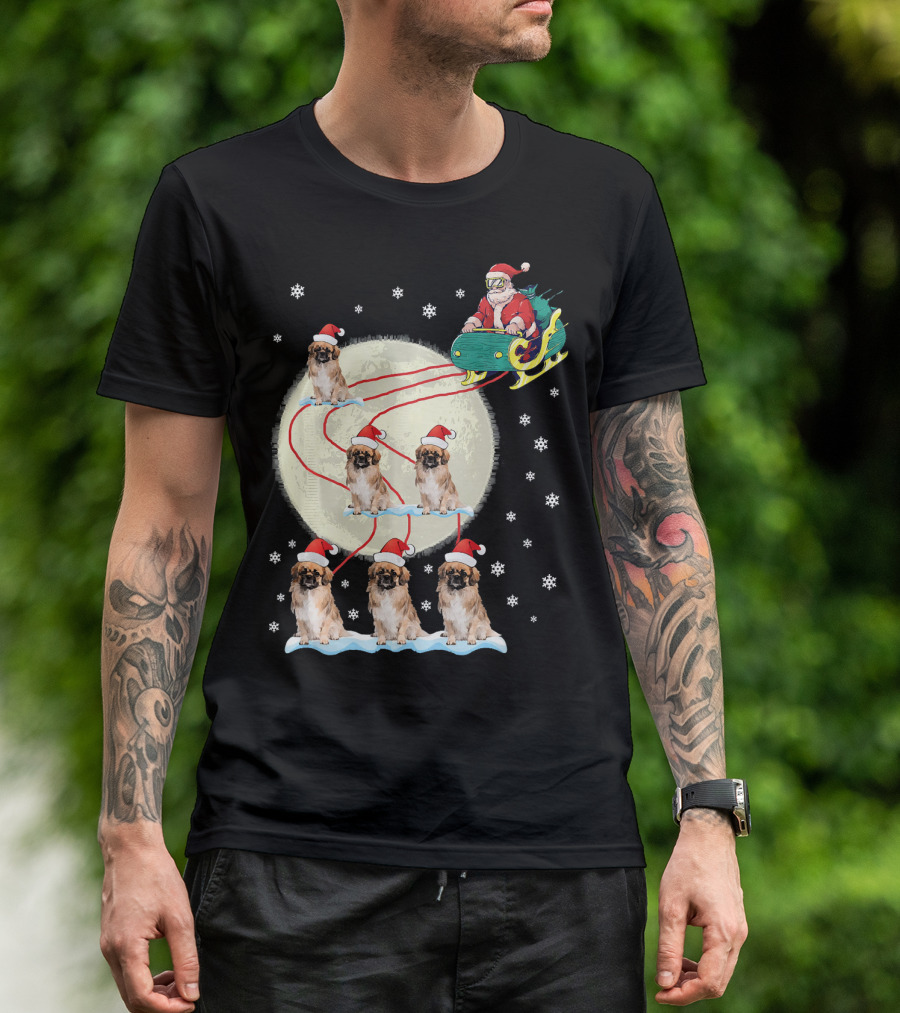 Pekingese Dogs Santa Reindeer Christmas Moon Snowflakes T-Shirt