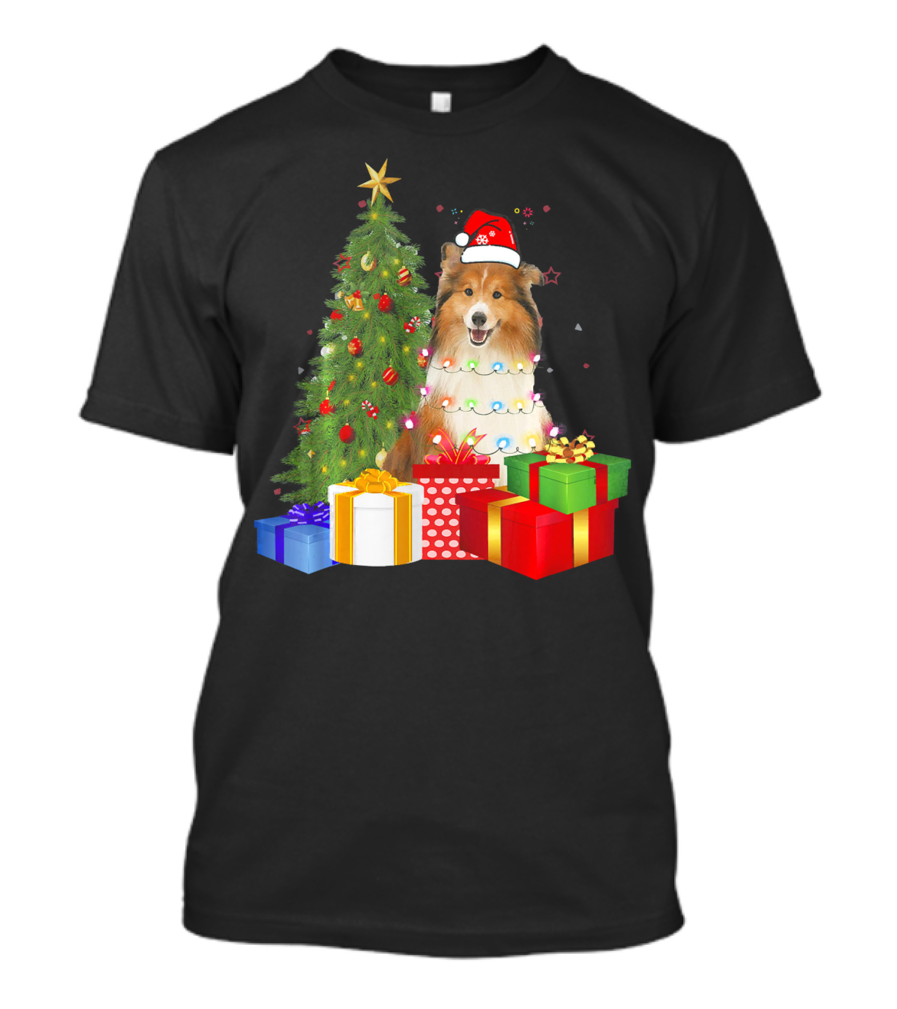 Santa Sheltie Dog Wrapped In Christmas Tree Lights With Presents T-Shirt