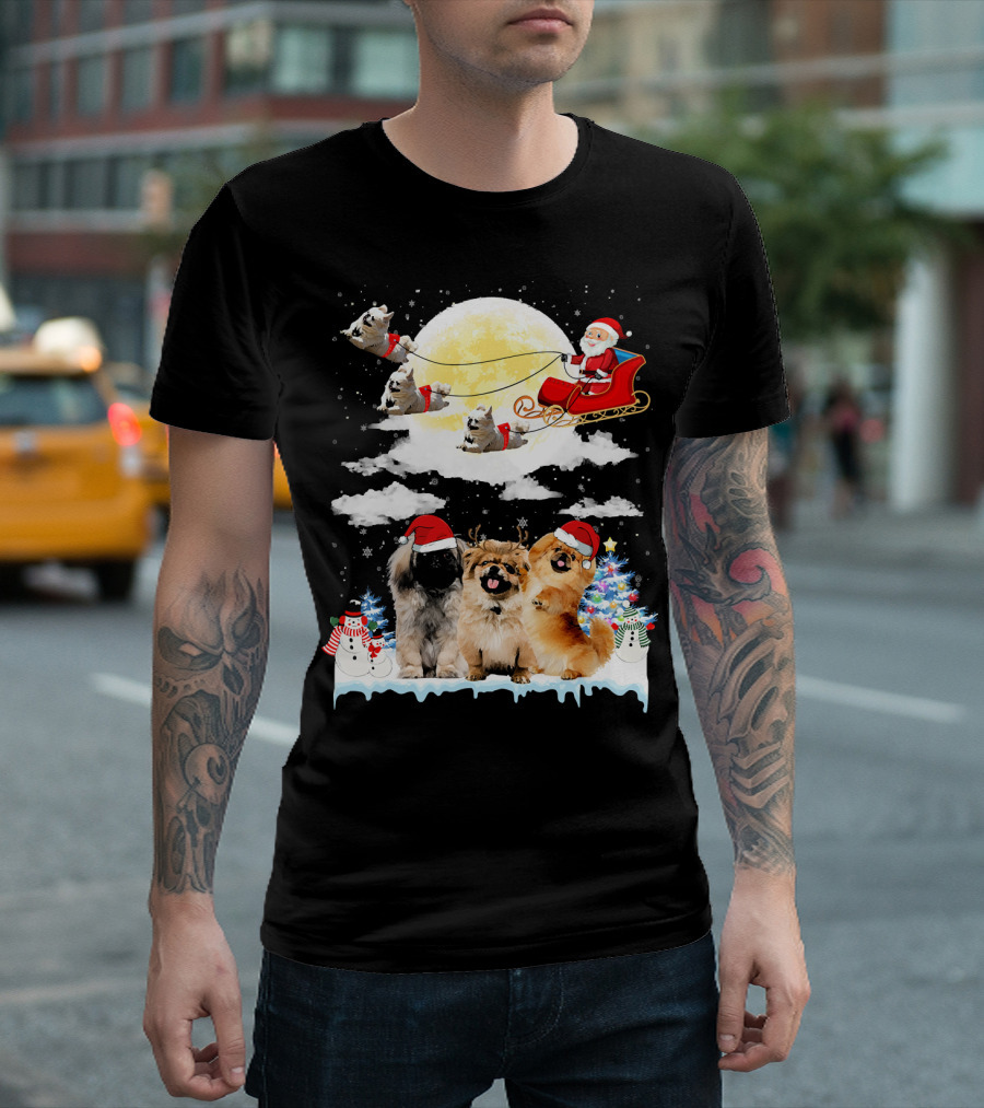 Santa on Sleigh with Pekingese Dogs and Festive Christmas Scene T-Shirt