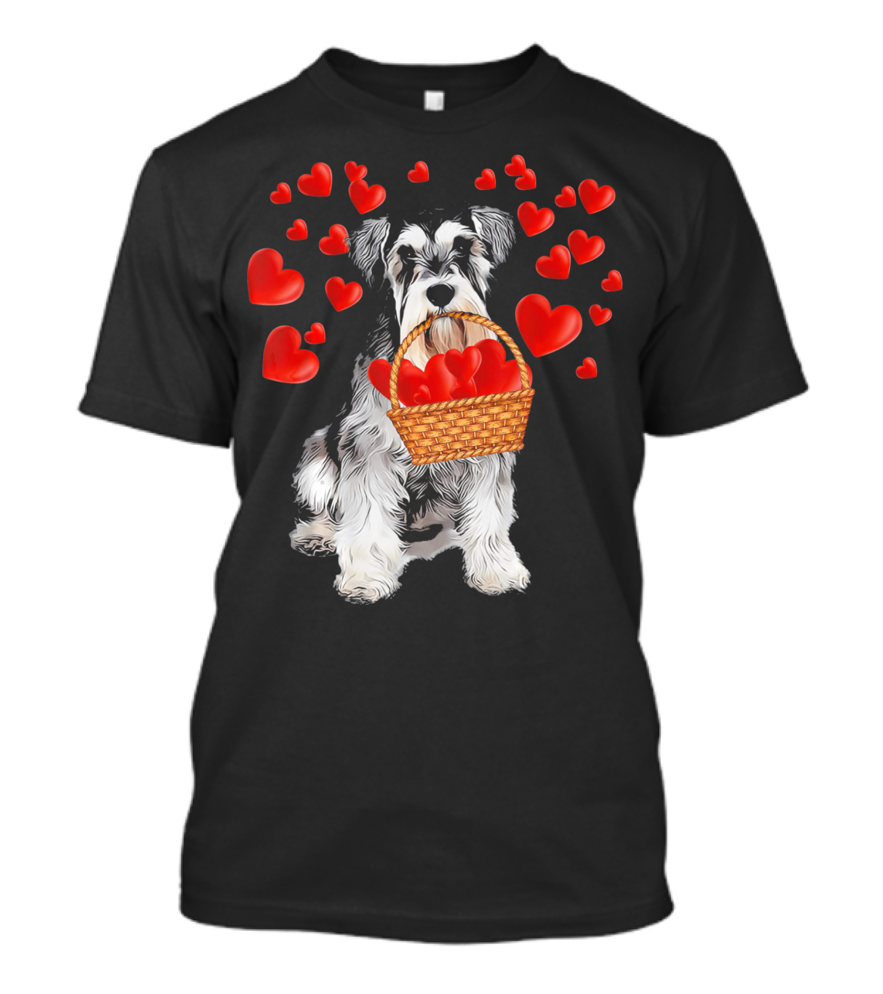Miniature Schnauzer With Basket Of Red Hearts T-Shirt