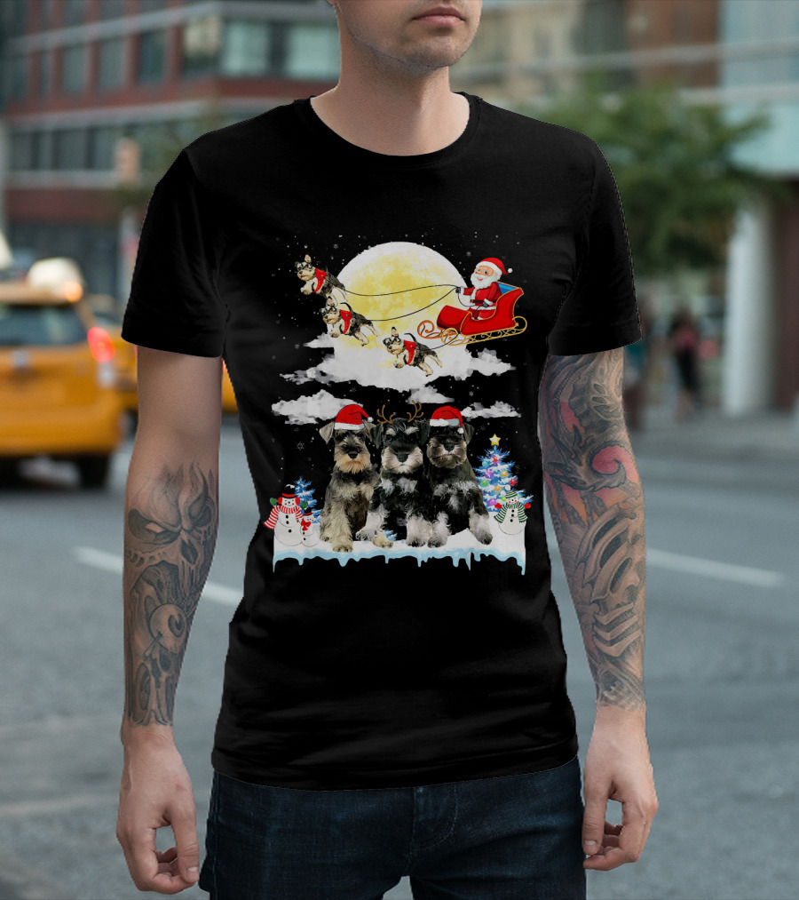 Miniature Schnauzer Dogs With Santa Sleigh And Christmas Scene In Snow T-Shirt
