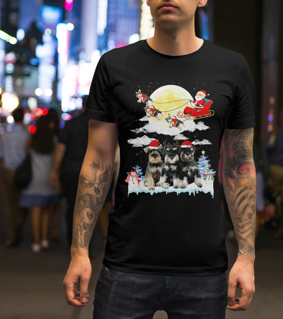 Miniature Schnauzer Dogs With Santa Sleigh And Christmas Scene In Snow T-Shirt