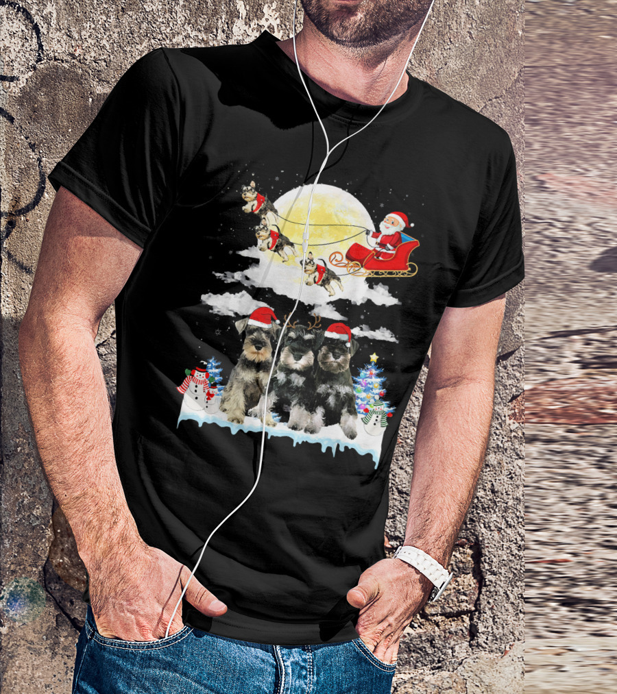Miniature Schnauzer Dogs With Santa Sleigh And Christmas Scene In Snow T-Shirt