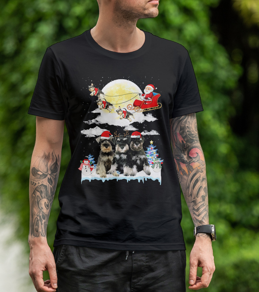Miniature Schnauzer Dogs With Santa Sleigh And Christmas Scene In Snow T-Shirt