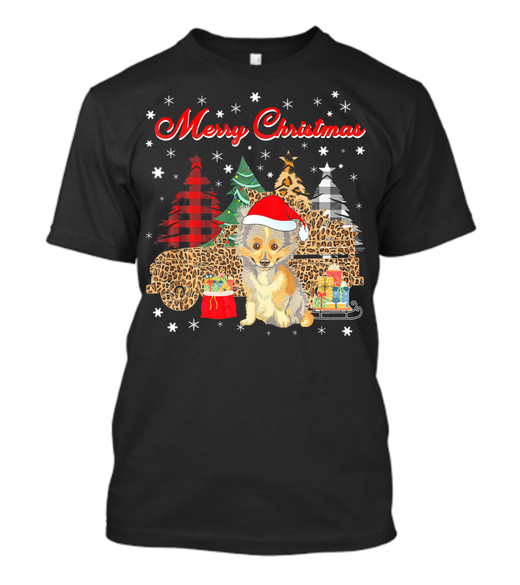 Merry Christmas Sheltie Leopard Plaid Truck With Santa Hat And Gifts T-Shirt