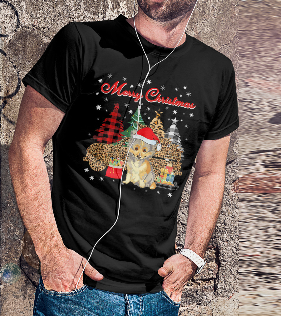 Merry Christmas Sheltie Leopard Plaid Truck With Santa Hat And Gifts T-Shirt