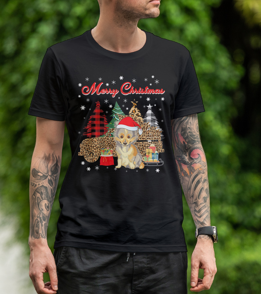 Merry Christmas Sheltie Leopard Plaid Truck With Santa Hat And Gifts T-Shirt