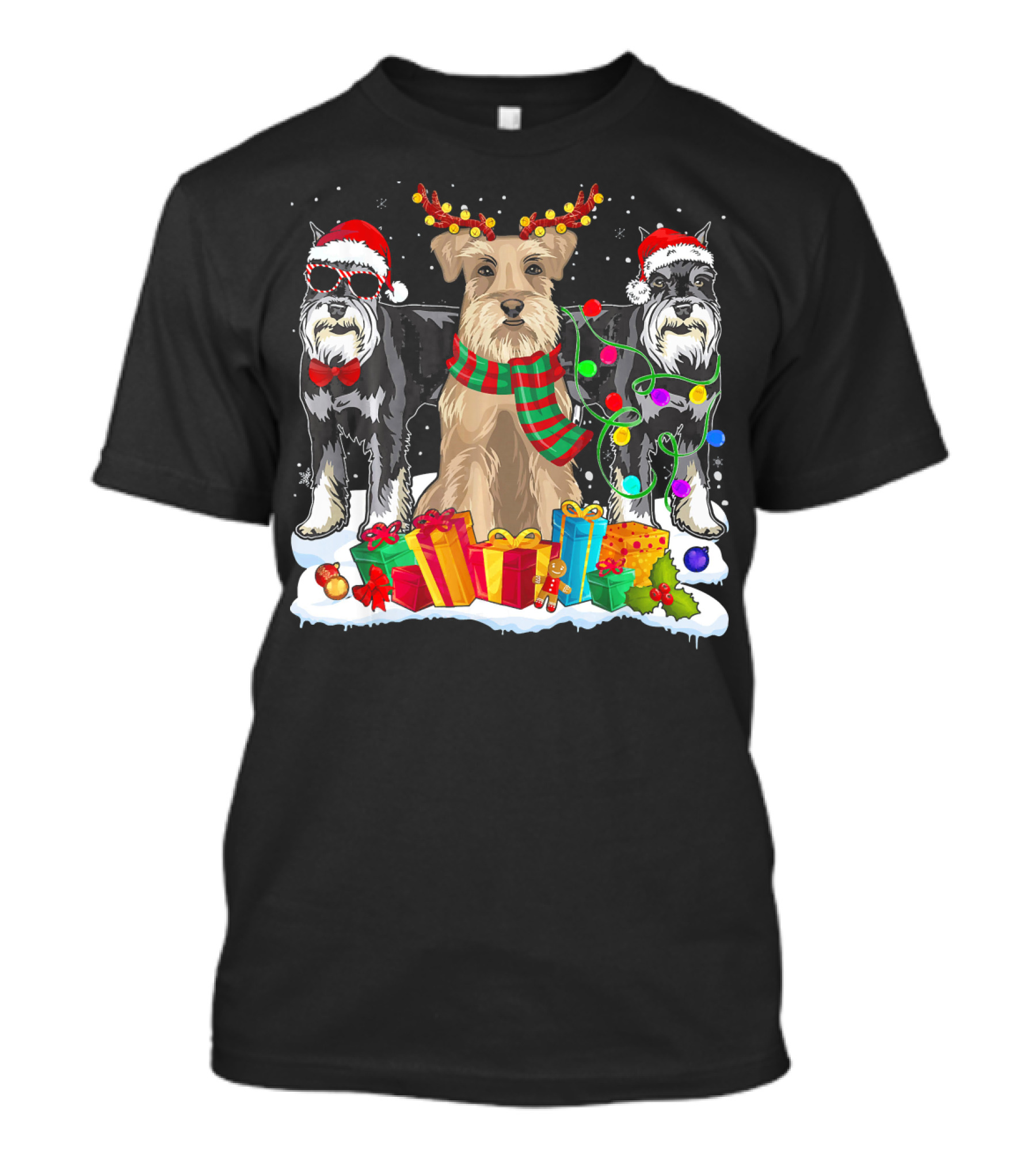 Schnauzer Christmas Santa Hat With Presents And Holiday Lights T-Shirt