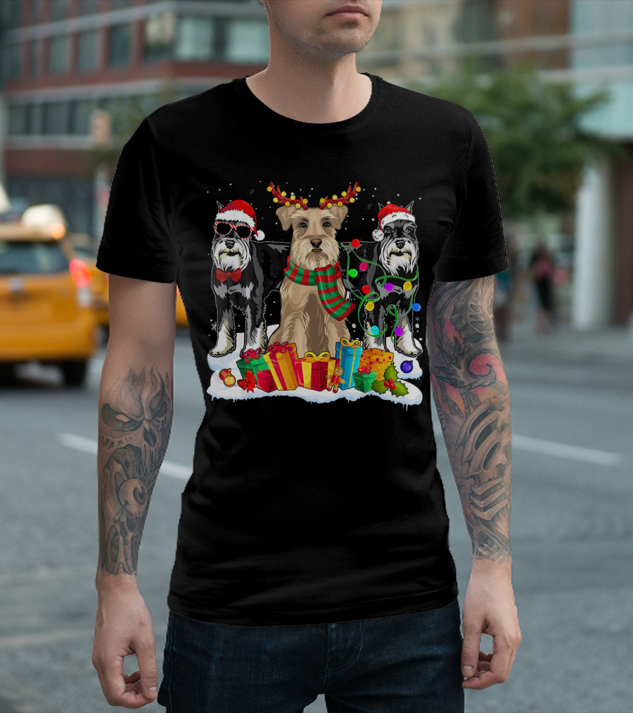 Schnauzer Christmas Santa Hat With Presents And Holiday Lights T-Shirt