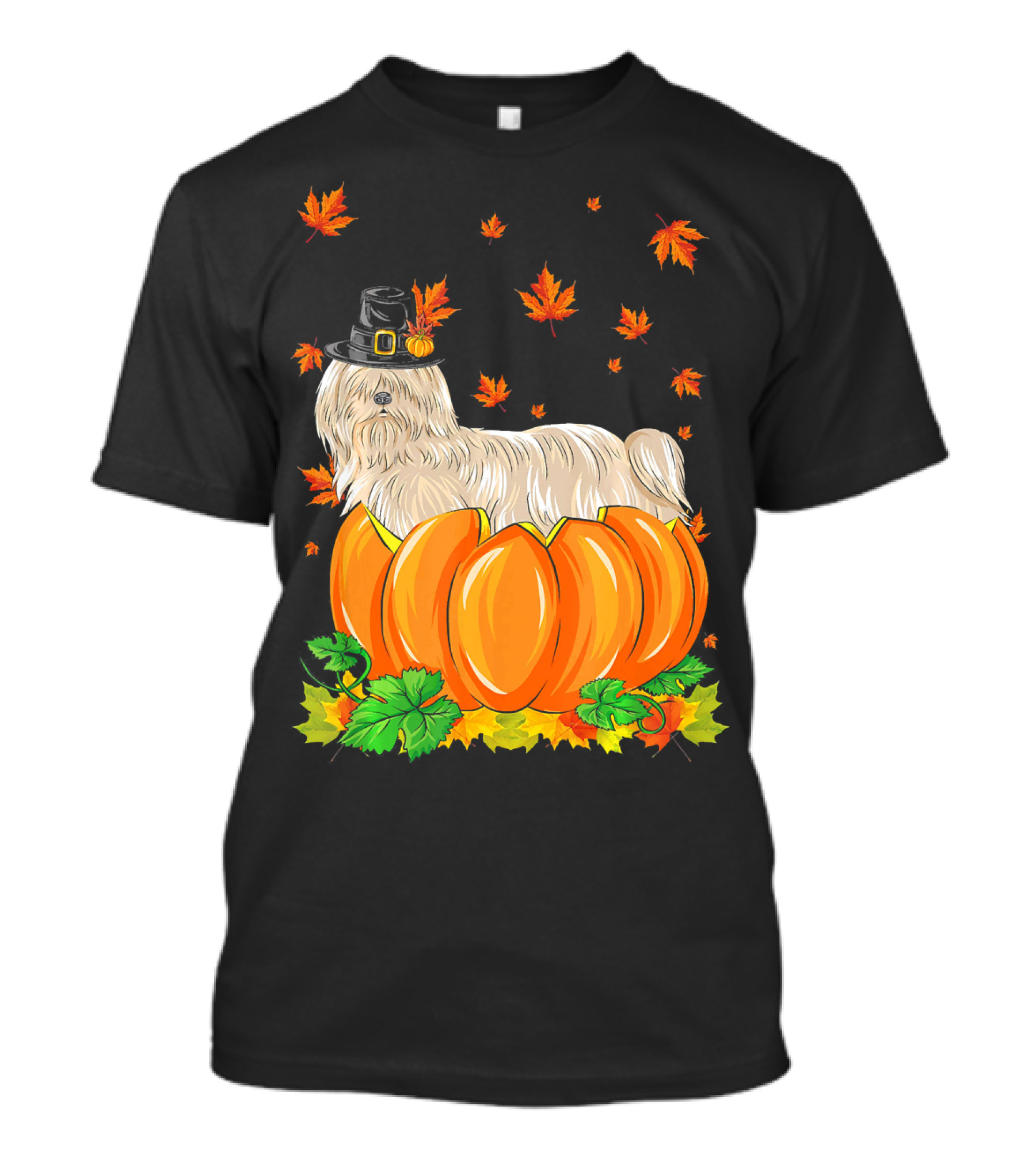 Thanksgiving Lhasa Apso Dog In Pilgrim Hat With Pumpkins And Autumn Leaves T-Shirt