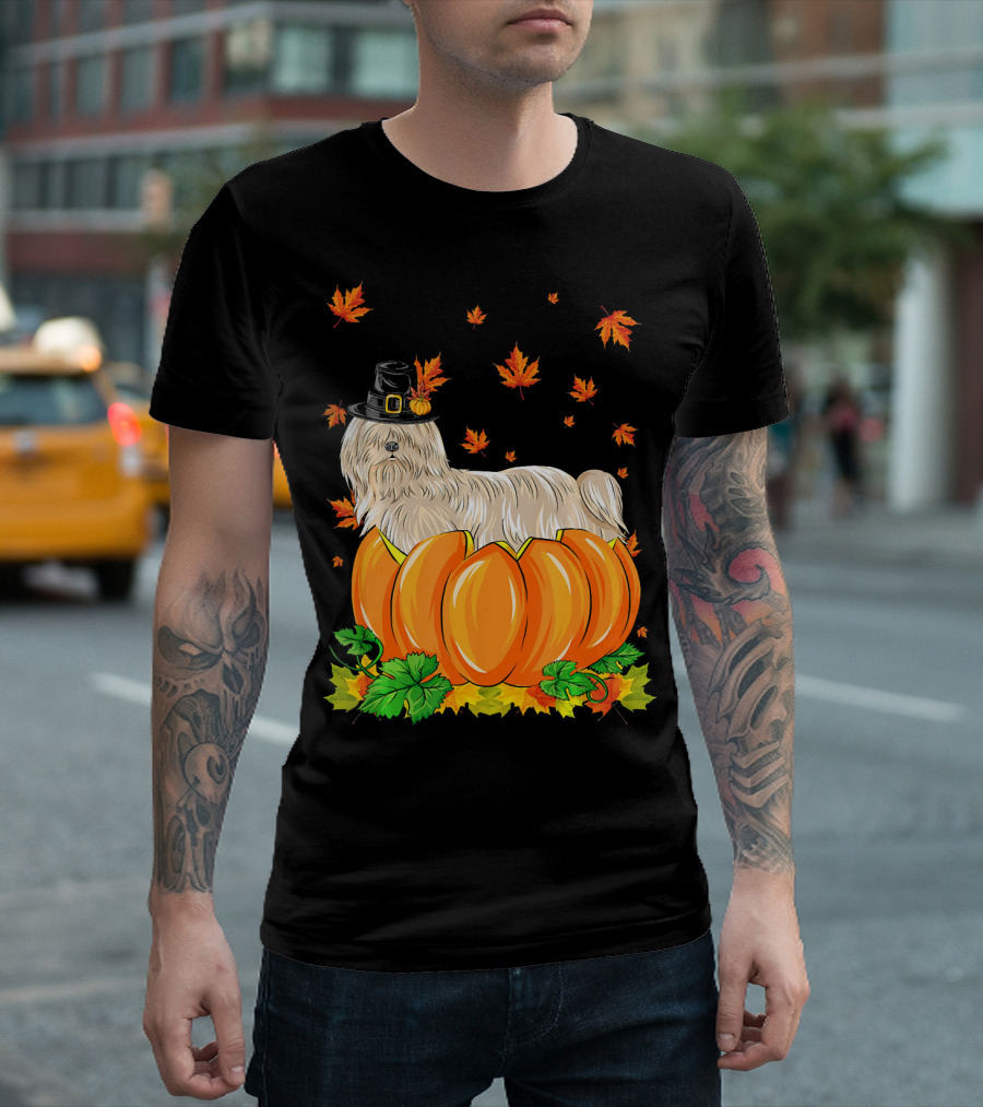 Thanksgiving Lhasa Apso Dog In Pilgrim Hat With Pumpkins And Autumn Leaves T-Shirt