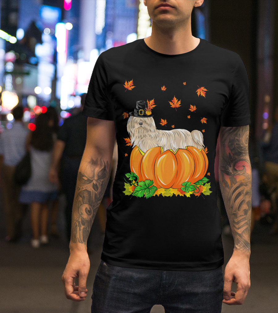 Thanksgiving Lhasa Apso Dog In Pilgrim Hat With Pumpkins And Autumn Leaves T-Shirt