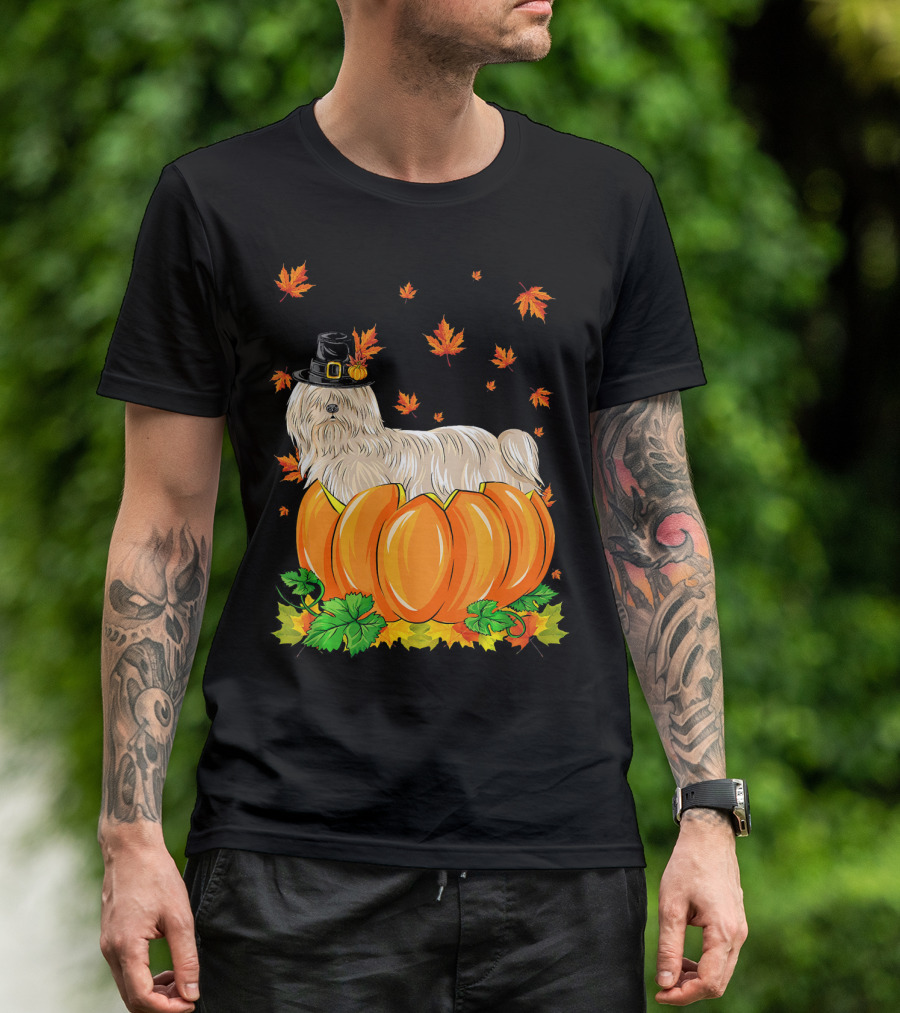 Thanksgiving Lhasa Apso Dog In Pilgrim Hat With Pumpkins And Autumn Leaves T-Shirt