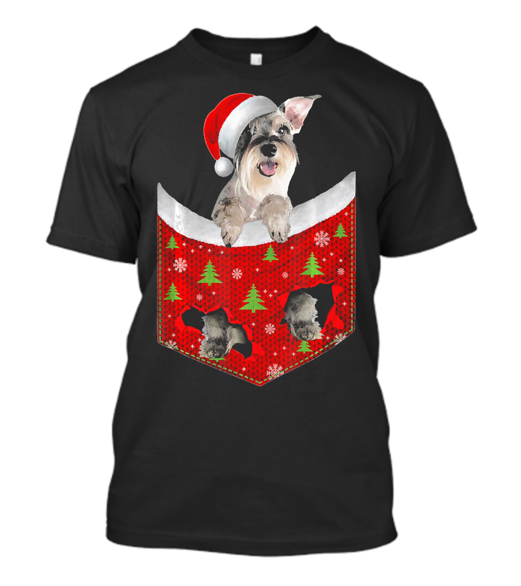 Schnauzer Dog In Santa Hat Christmas Pocket With Trees And Snowflakes T-Shirt