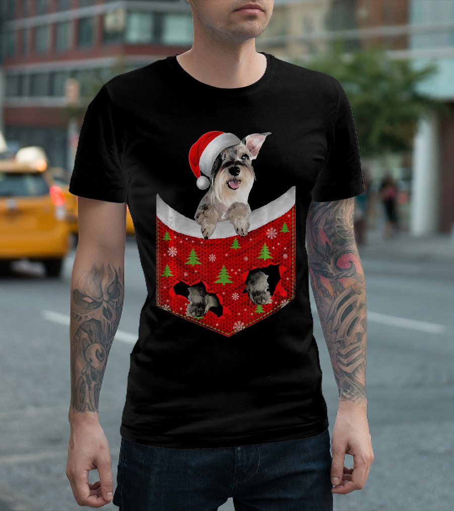 Schnauzer Dog In Santa Hat Christmas Pocket With Trees And Snowflakes T-Shirt