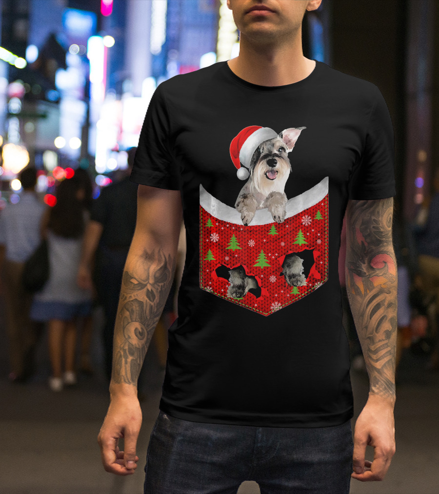 Schnauzer Dog In Santa Hat Christmas Pocket With Trees And Snowflakes T-Shirt