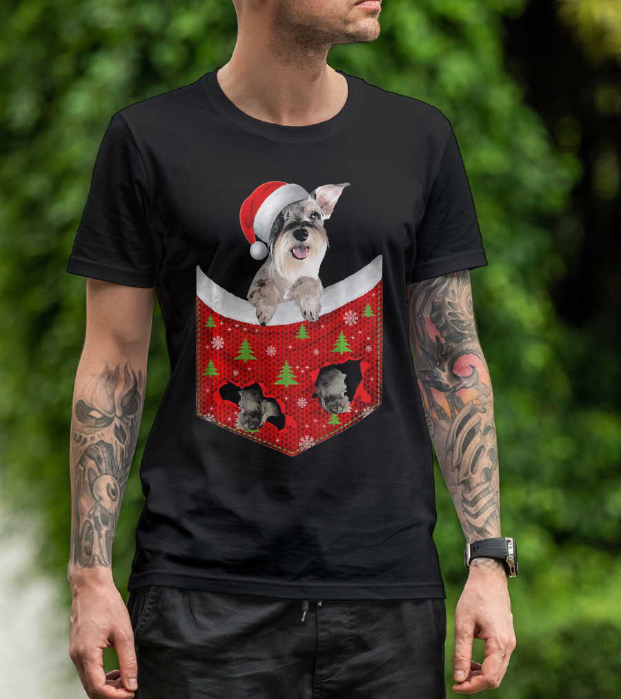 Schnauzer Dog In Santa Hat Christmas Pocket With Trees And Snowflakes T-Shirt