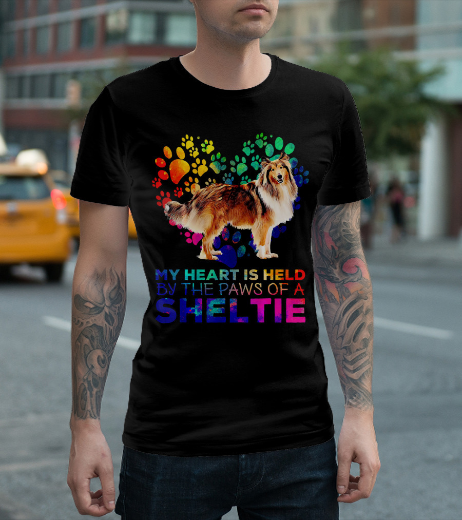 My Heart Is Held By The Paws Of A Sheltie Colorful Paw Prints T-Shirt