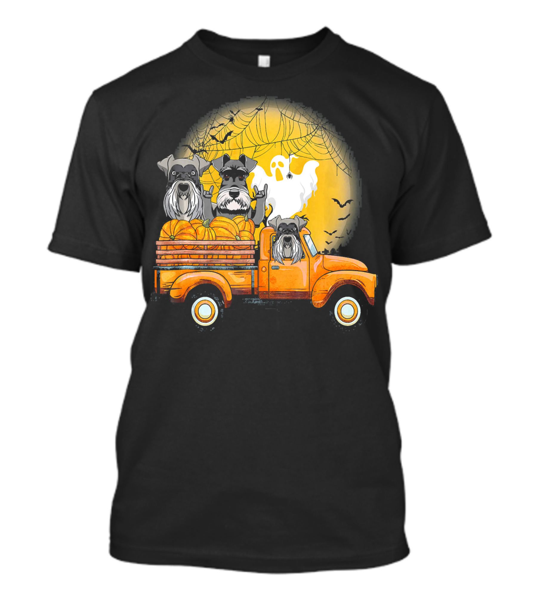 Orange Pick Up Truck With Schnauzer Dogs Pumpkins And Ghost T-Shirt