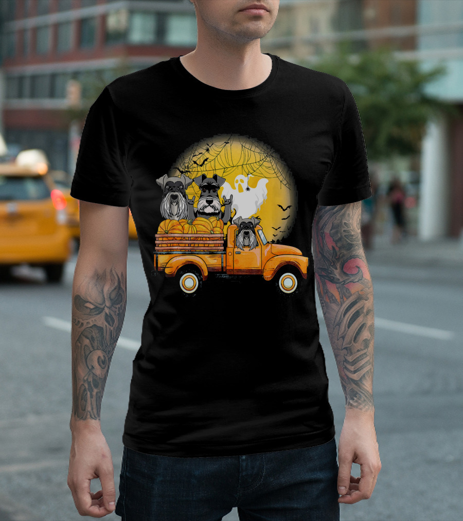 Orange Pick Up Truck With Schnauzer Dogs Pumpkins And Ghost T-Shirt