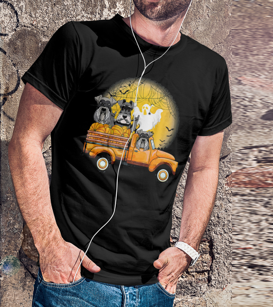 Orange Pick Up Truck With Schnauzer Dogs Pumpkins And Ghost T-Shirt