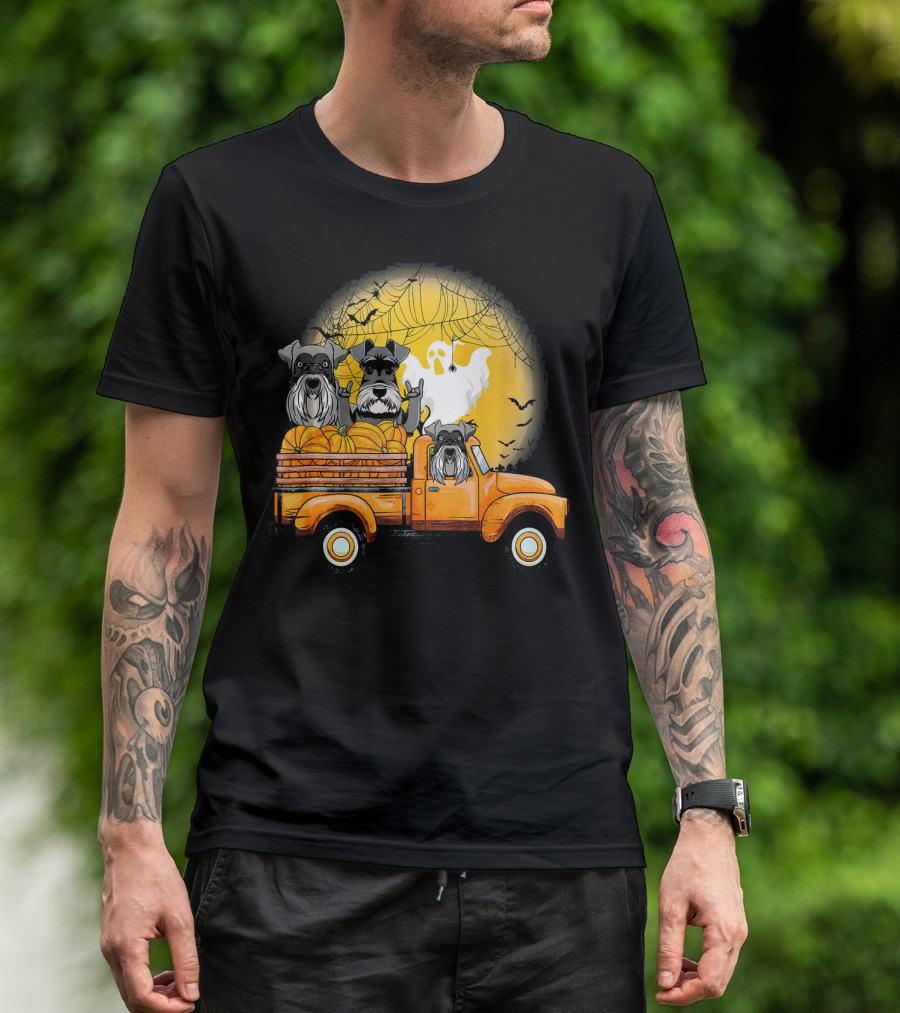 Orange Pick Up Truck With Schnauzer Dogs Pumpkins And Ghost T-Shirt