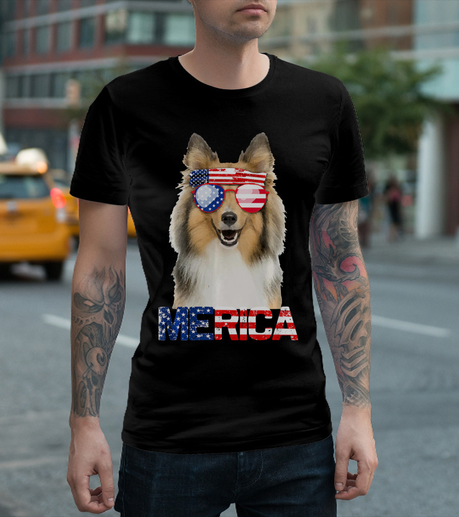 MERICA Sheltie Dog American Flag Sunglasses T-Shirt