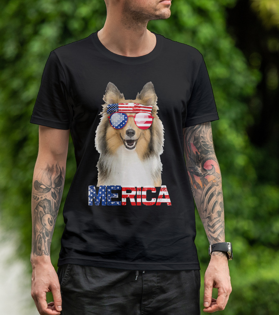 MERICA Sheltie Dog American Flag Sunglasses T-Shirt