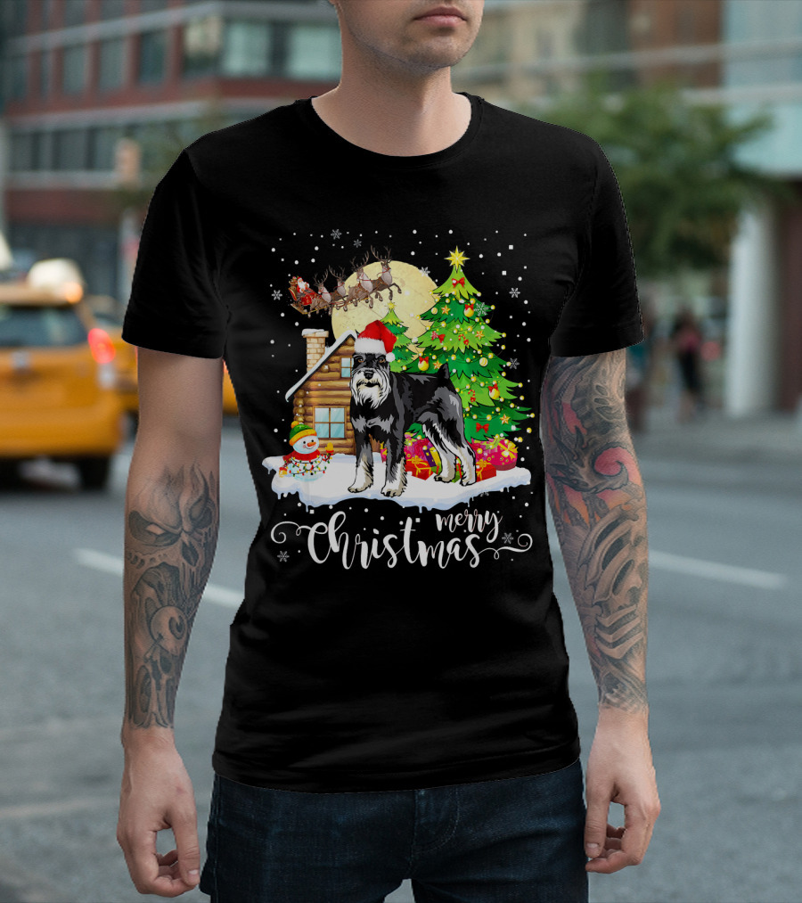 Miniature Schnauzer Merry Christmas Santa Sleigh Snowman Cabin Holiday Scene T-Shirt