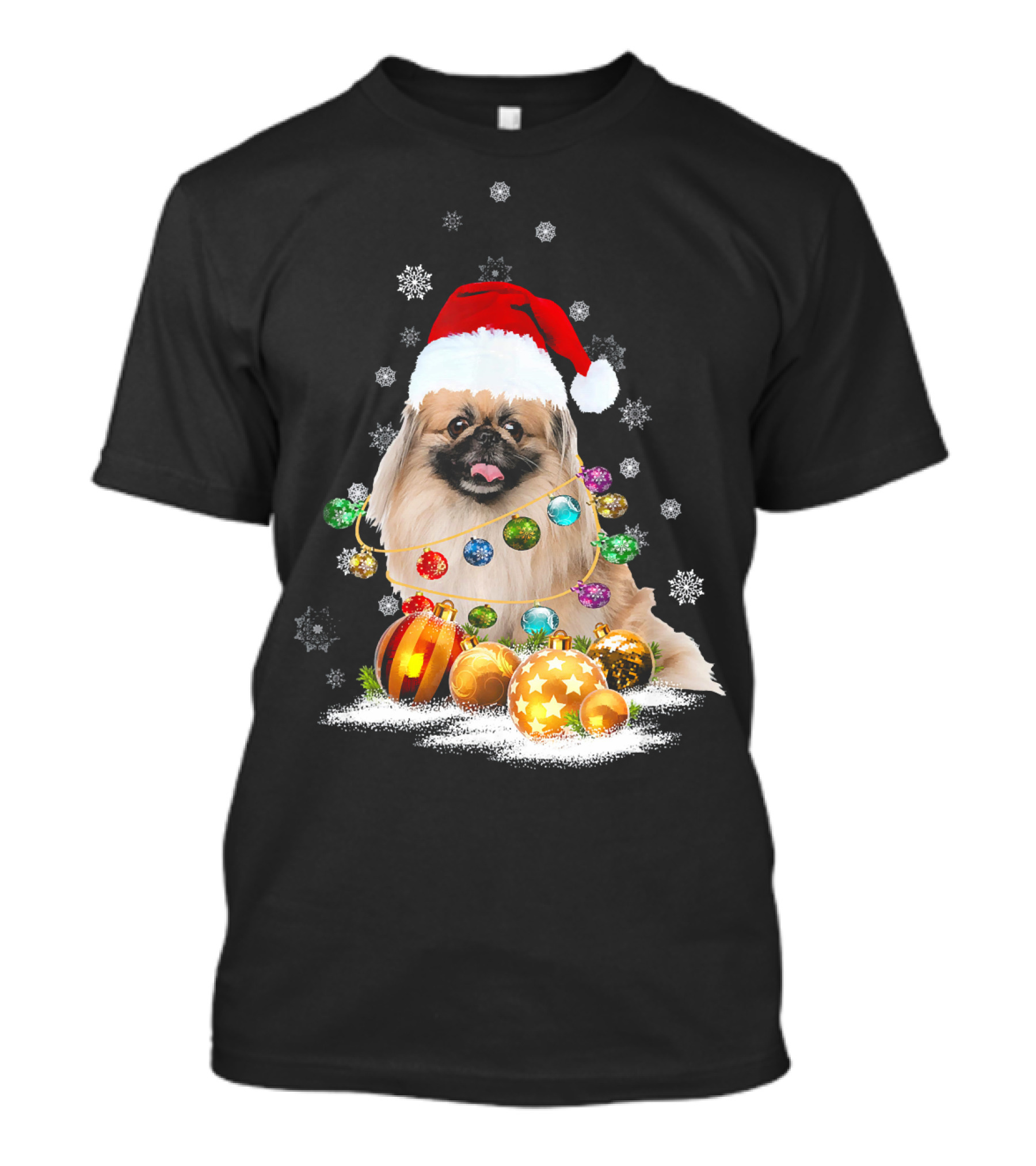 Pekingese Dog In Santa Hat With Christmas Lights Ornaments Snowflakes T-Shirt