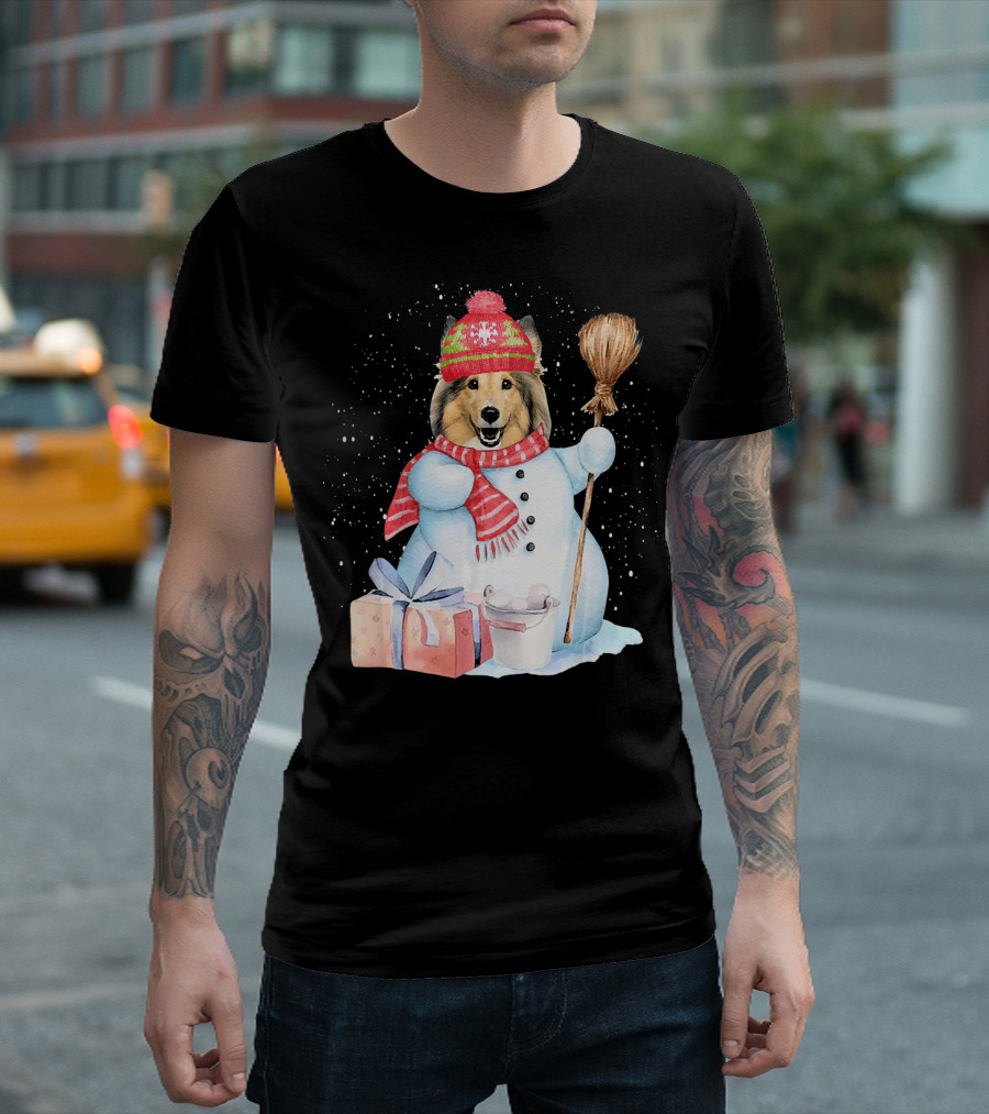 Sheltie Dog Snowman with Christmas Hat and Presents in Snowy Night T-Shirt
