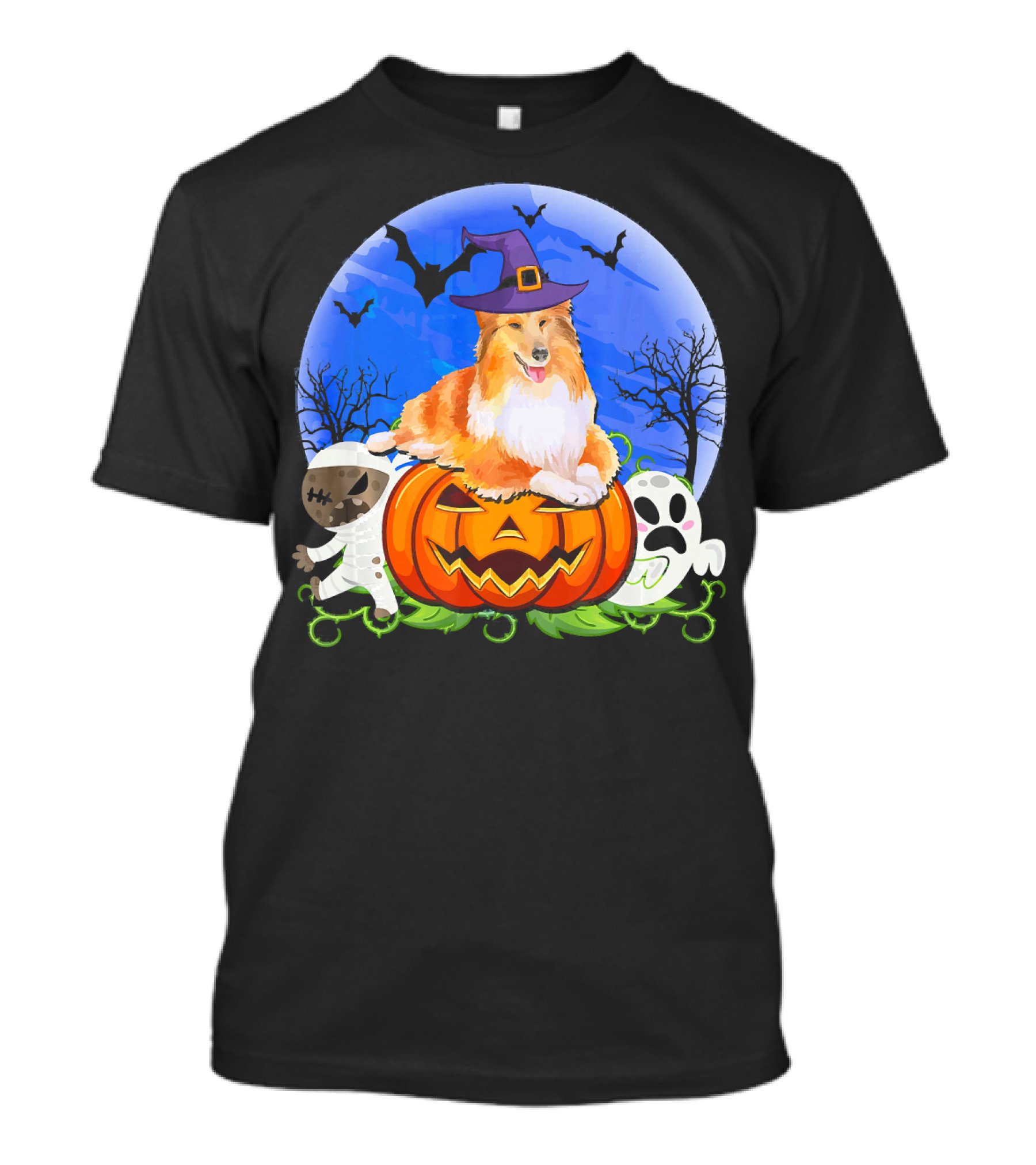 Sheltie Halloween Pumpkin Ghosts Mummy Witch Hat Bats Moon T-Shirt