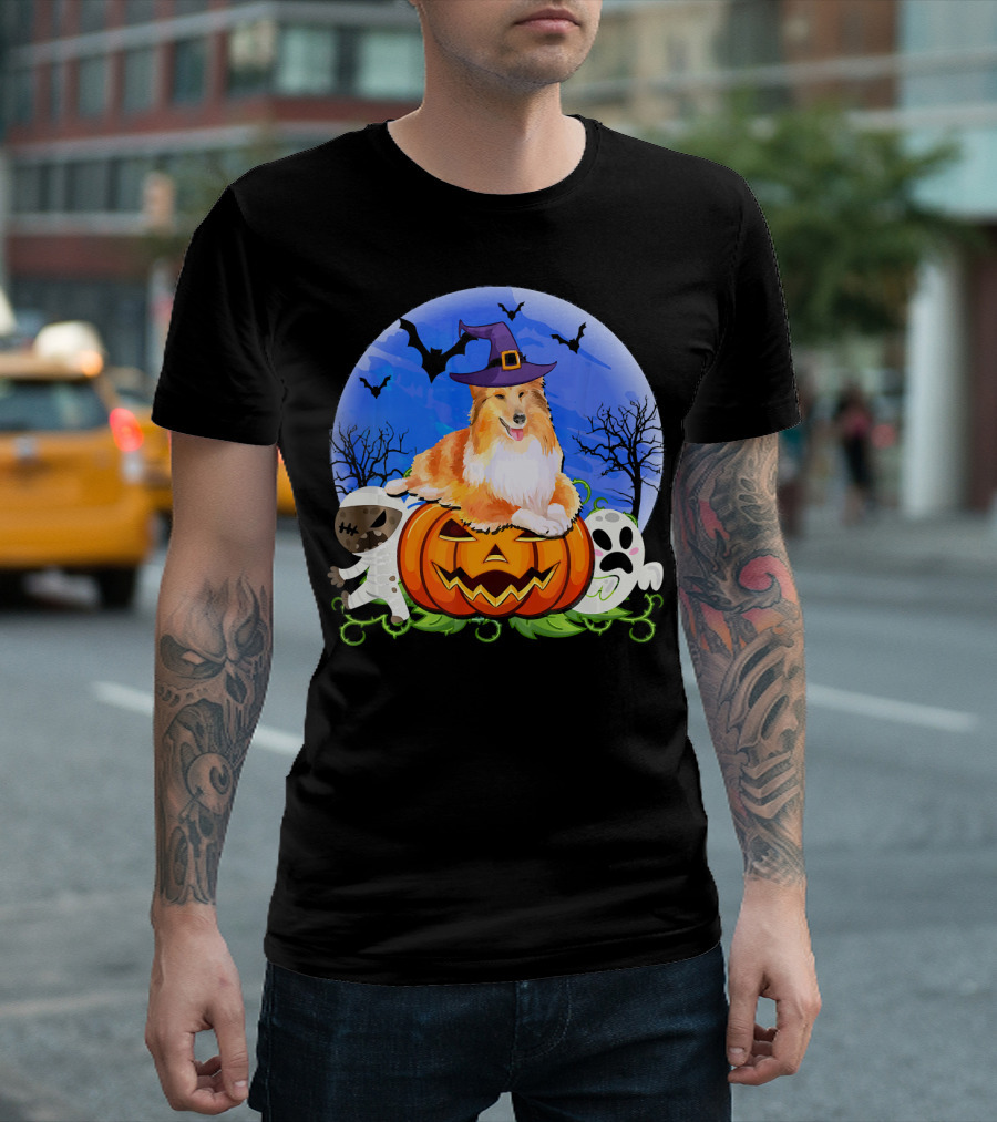 Sheltie Halloween Pumpkin Ghosts Mummy Witch Hat Bats Moon T-Shirt