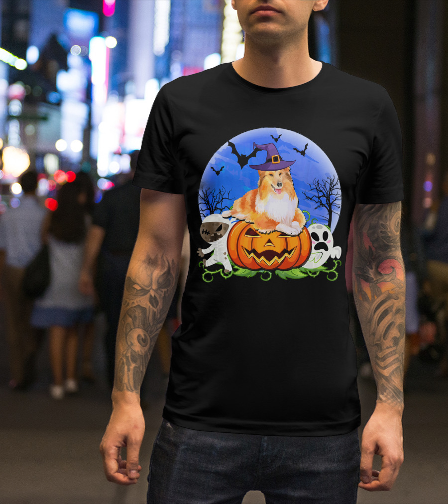 Sheltie Halloween Pumpkin Ghosts Mummy Witch Hat Bats Moon T-Shirt